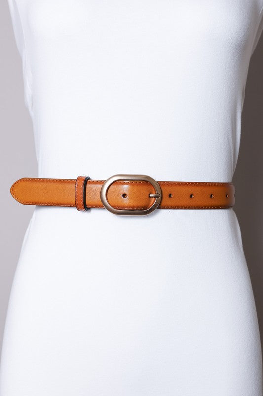 Jessie Contrast Stitched Oval Buckle Vegan Leather Belt Camel