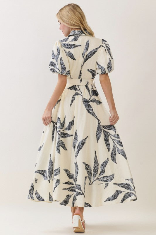 Emmeline Short Bubble Sleeve Waist Tie Abstract Print Maxi Dress Navy
