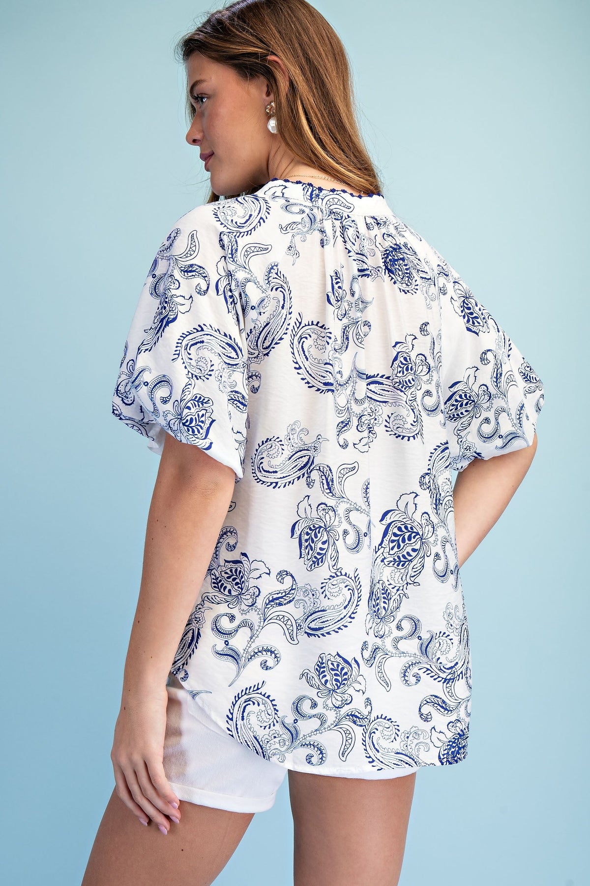Shirley Short Bubble Sleeve Button Down Paisley Print Top Blue
