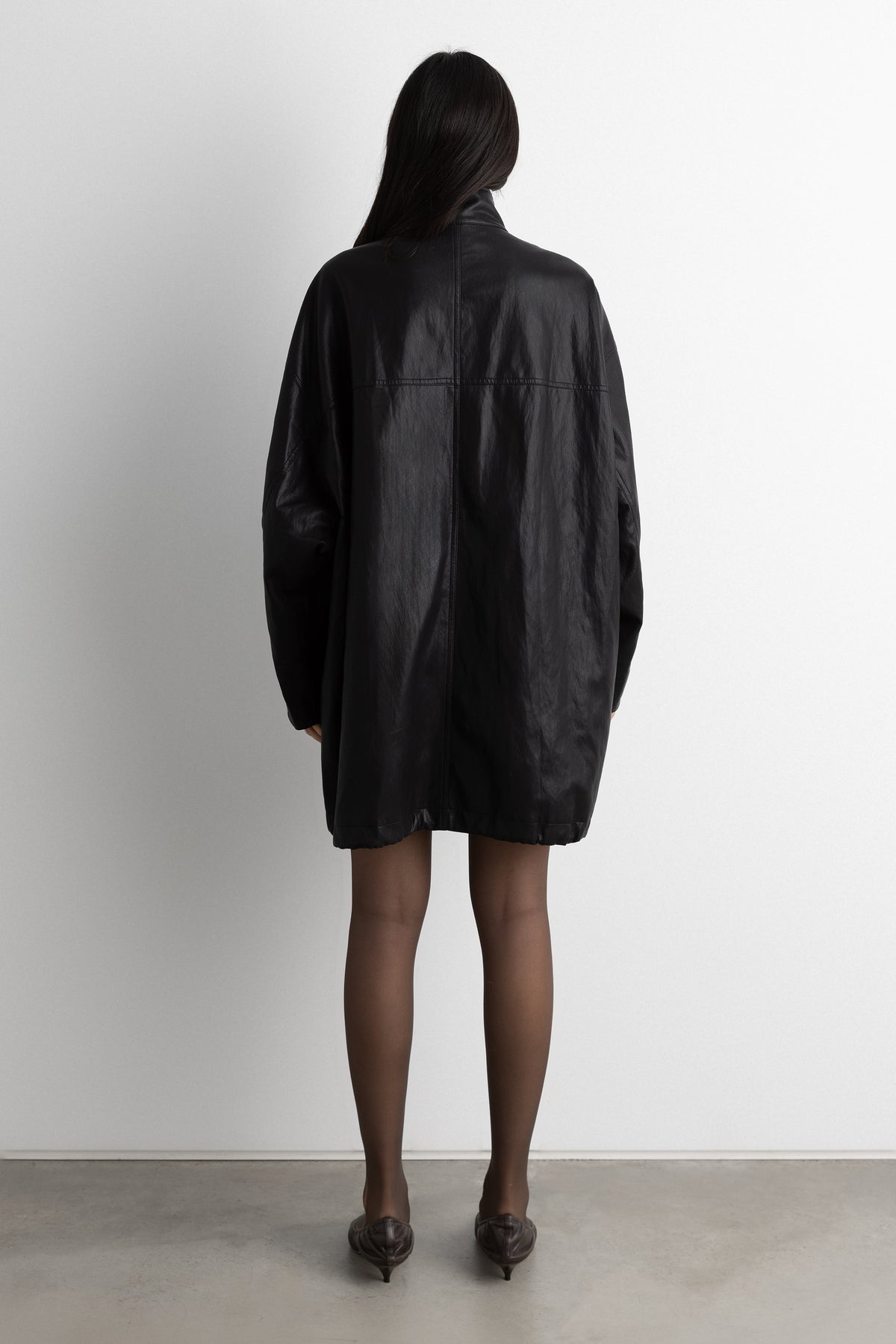 OVERSIZED FUNNEL NECK VEGAN LEATHER JACKET