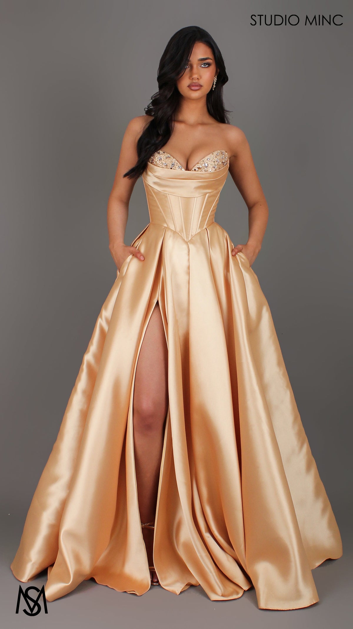 Reverie - Gold Formal Dress, Strapless Corset Beaded Bra Cups, Satin Mikado Gown