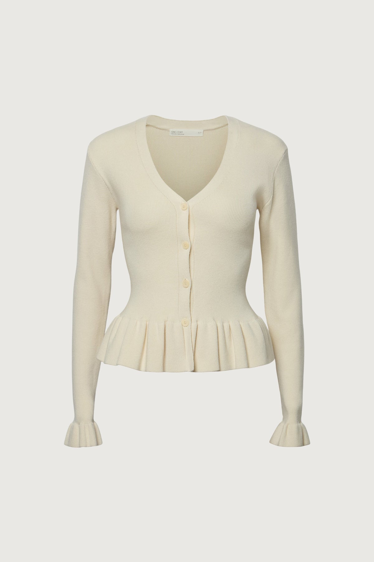 RIB-KNIT RUFFLED BUTTON FRONT CARDIGAN