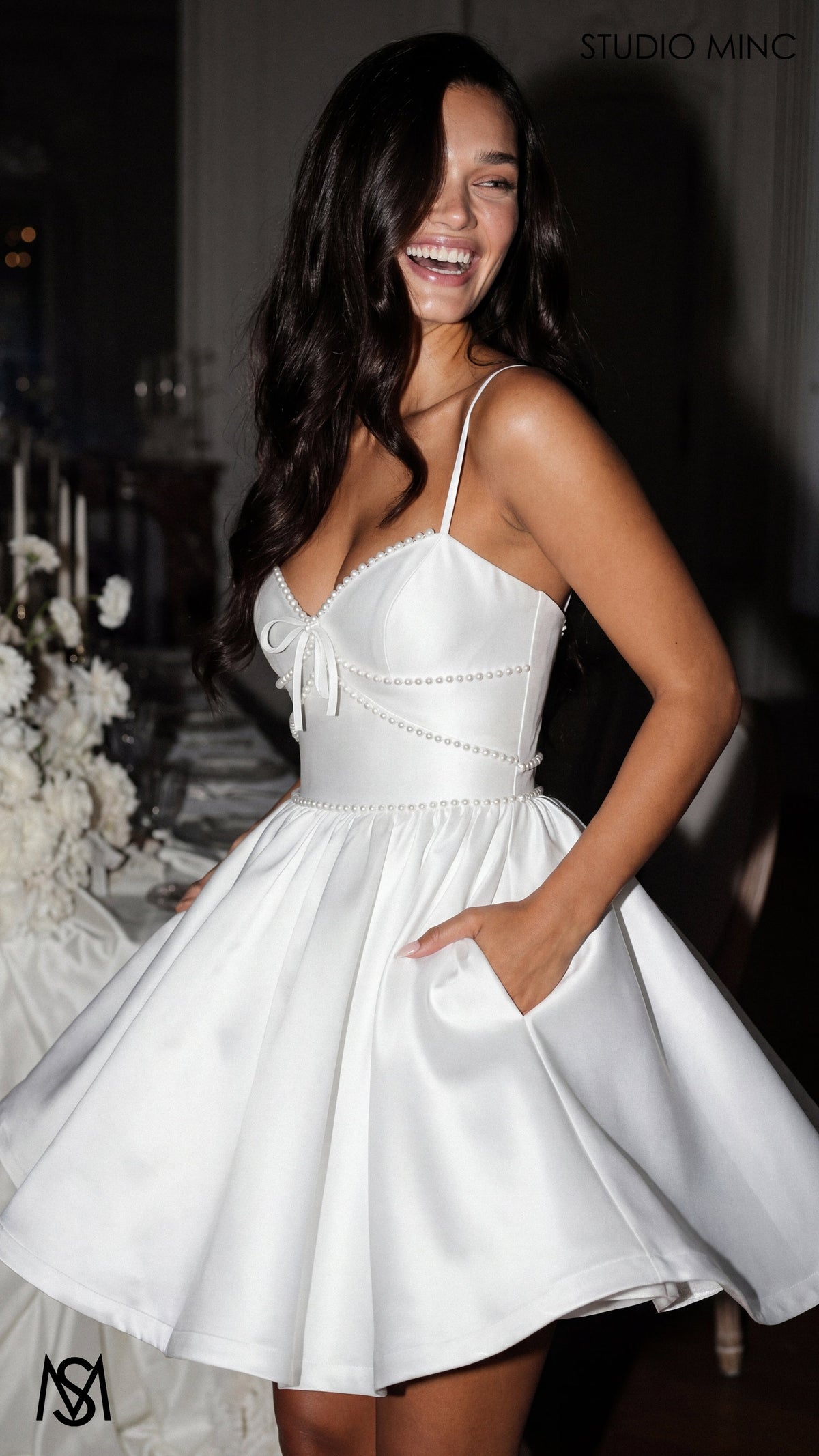Petite - Bridal Mini | White Satin V neck, Corset, Pearl trim, Party Dress