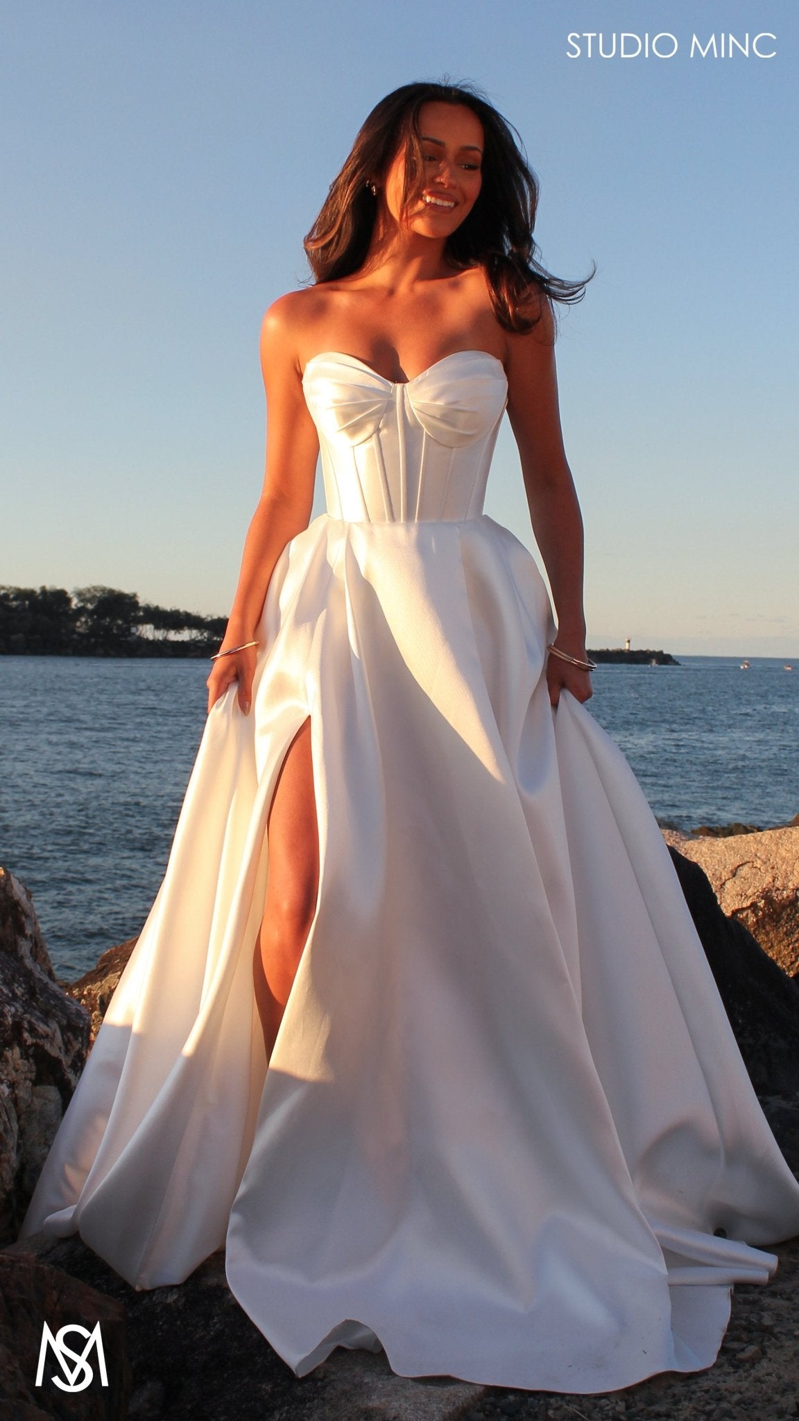 Capri - Wedding Dress | White satin strapless corset lace up gown pockets leg slit