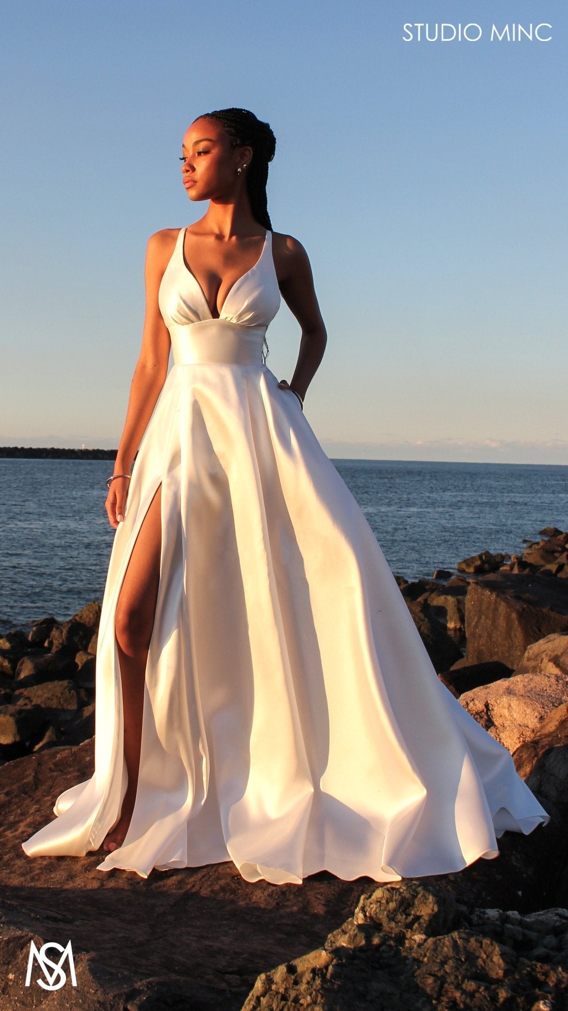 Riviera - Wedding Dress | Rice White V Plunge neckline, Satin Gown with Pockets and leg slit