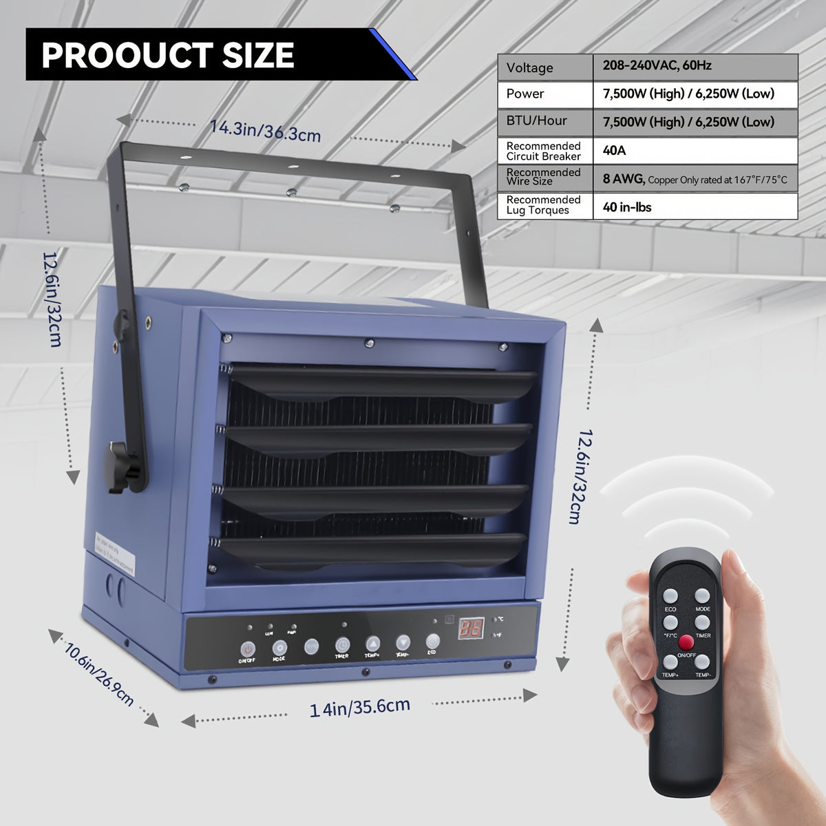 7500W 240V Garage Heater with Remote Control & Digital Thermostat - Ceiling Mount, Hardwired, Overheat Protection, Ideal for Workshops & Shops, Heaters for Indoor Use