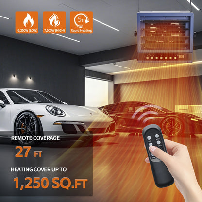 7500W 240V Garage Heater with Remote Control & Digital Thermostat - Ceiling Mount, Hardwired, Overheat Protection, Ideal for Workshops & Shops, Heaters for Indoor Use