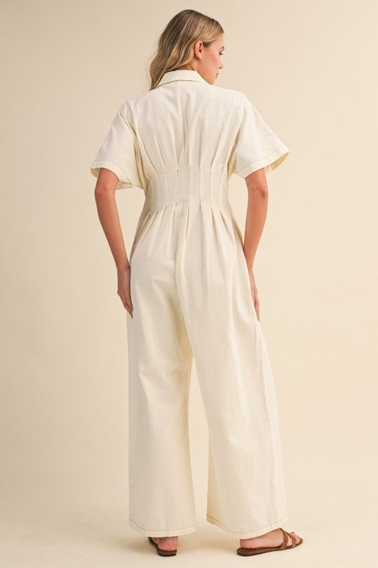 Kyra Short Sleeve Button Front Wide Leg Jumpsuit Ivory