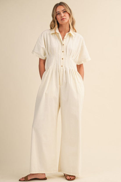 Kyra Short Sleeve Button Front Wide Leg Jumpsuit Ivory