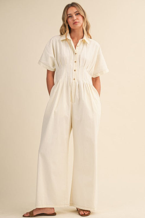 Kyra Short Sleeve Button Front Wide Leg Jumpsuit Ivory