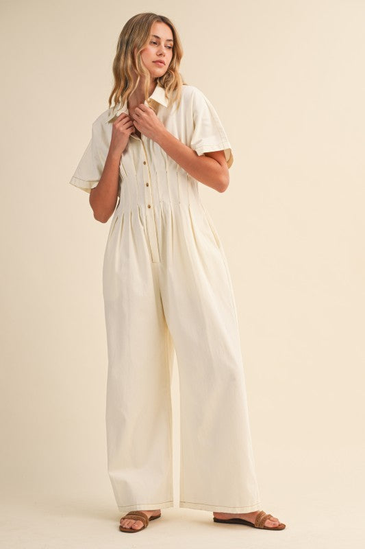 Kyra Short Sleeve Button Front Wide Leg Jumpsuit Ivory