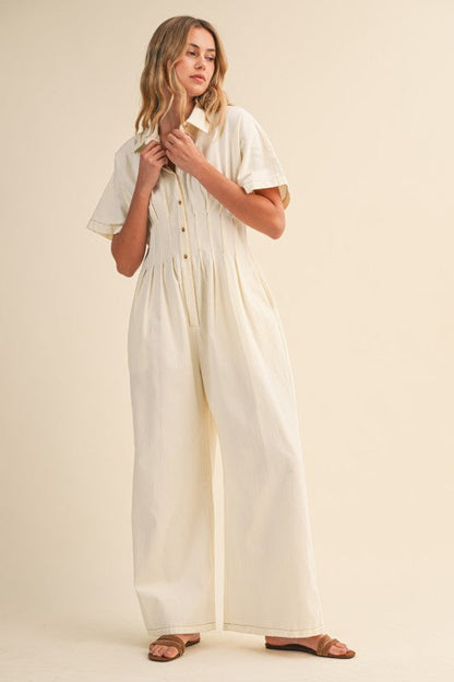 Kyra Short Sleeve Button Front Wide Leg Jumpsuit Ivory