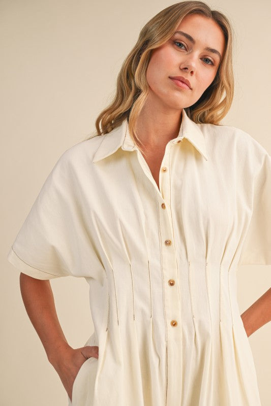 Kyra Short Sleeve Button Front Wide Leg Jumpsuit Ivory