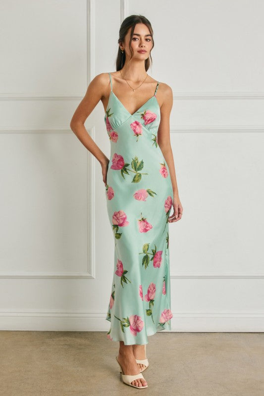 Annie Sleeveless Open Cowl Back Floral Print Maxi Dress Mint