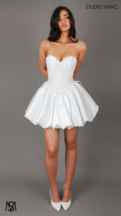 Lumi - White Bridal Mini Dress | Beaded corset, Drop waist Satin Bubble Party Dress