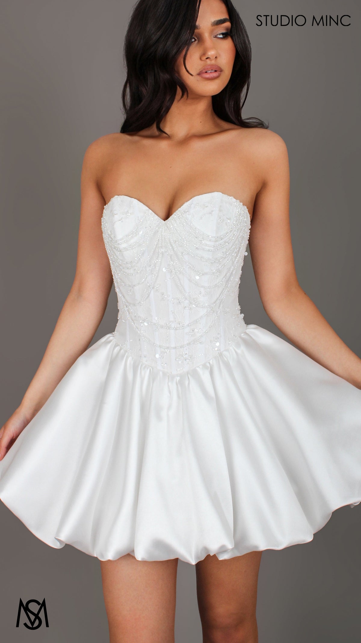 Lumi - White Bridal Mini Dress | Beaded corset, Drop waist Satin Bubble Party Dress