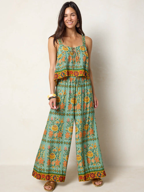 Go With The Flow Wide Leg Pants - Buttercup Floral Seafoam