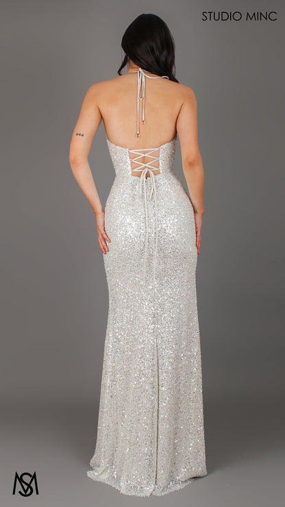 Rendezvous - Silver Formal Dress, Sequin and beaded Cowl Plunge halter neck, fitted silhouette high leg slit
