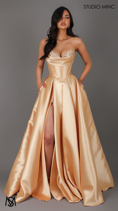 Reverie - Gold Formal Dress, Strapless Corset Beaded Bra Cups, Satin Mikado Gown