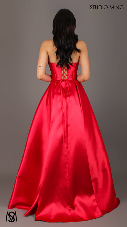 Reverie - Red Formal Dress, Strapless Corset Beaded Bra Cups, Satin Mikado Gown