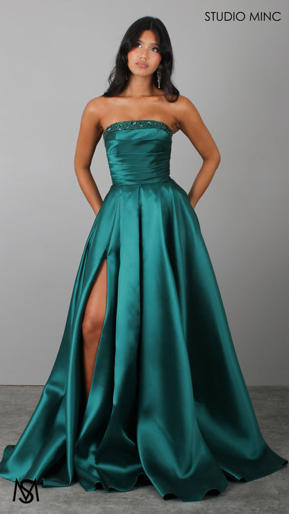 Raven - Emerald Green Formal Dress, Strapless Corset Pleated bodice, embellished neckline Satin Mikado Gown