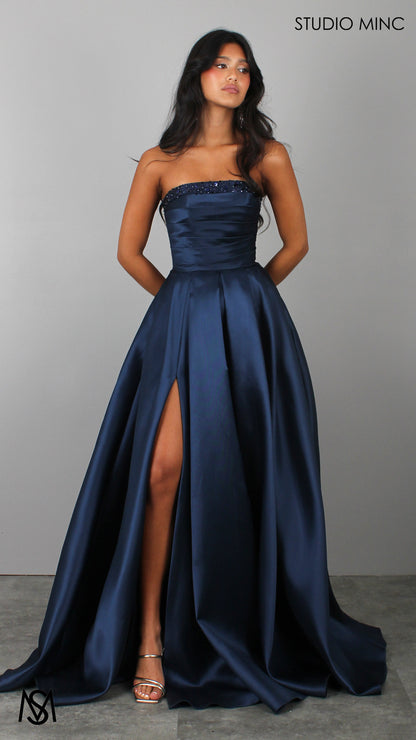 Raven - Navy Blue Formal Dress, Strapless Corset Pleated bodice, embellished neckline Satin Mikado Gown