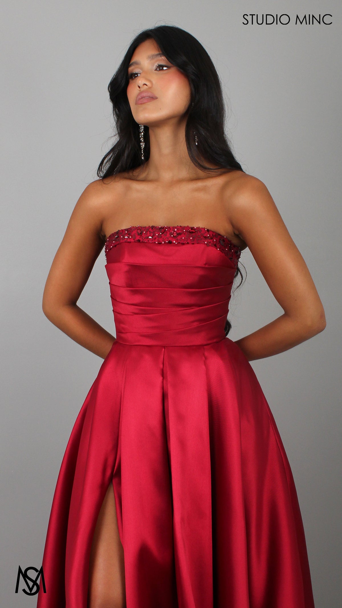 Raven - Cherry Red Formal Dress, Strapless Corset Pleated bodice, embellished neckline Satin Mikado Gown