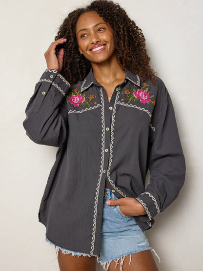 Round Top Embroidered Button Down - Charcoal