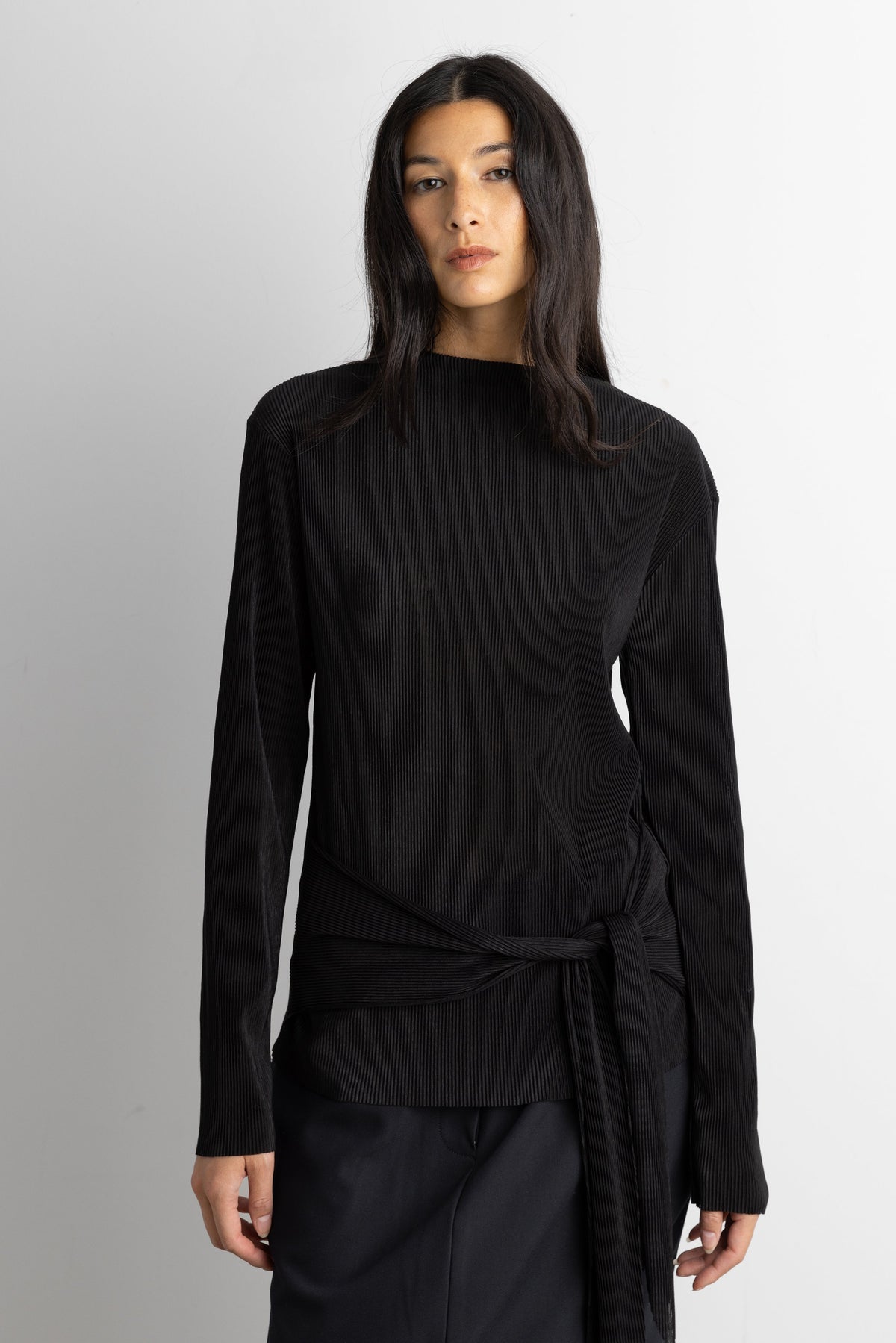 PLISSE LONG SLEEVE TOP WITH WAIST TIE