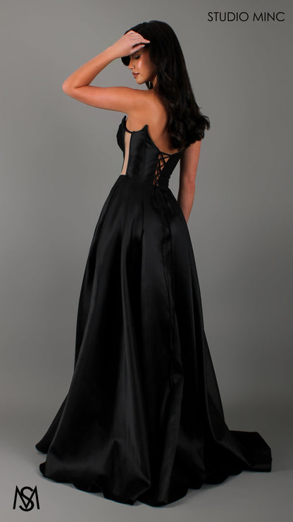 Lunar - Black Formal Dress, satin strapless boned corset net cut outs lace up gown pockets leg slit