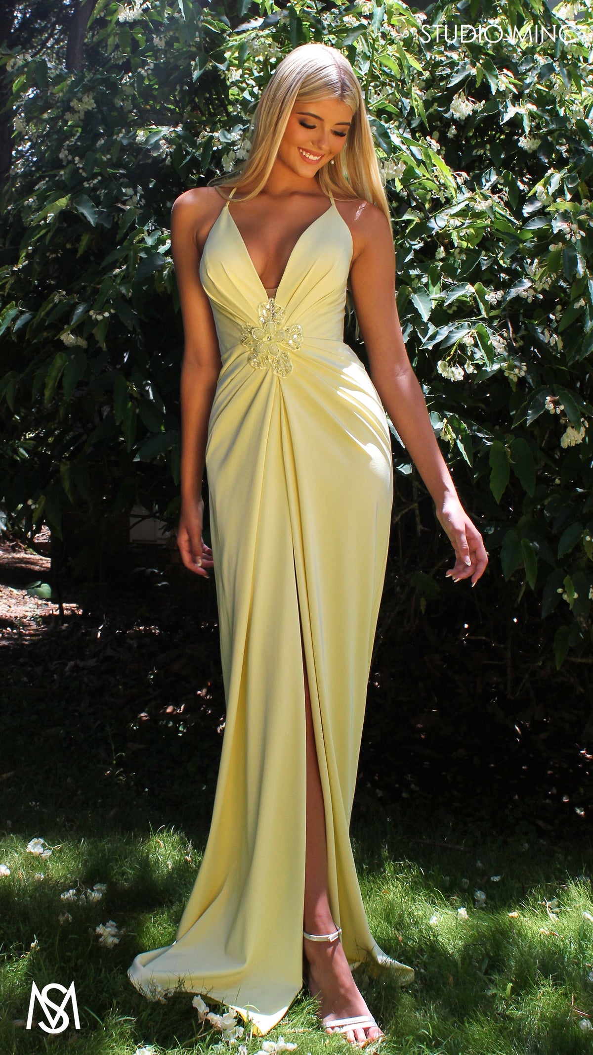 Bloom - Light Yellow Formal dress | Plunge V neckline draping floral pearl detail