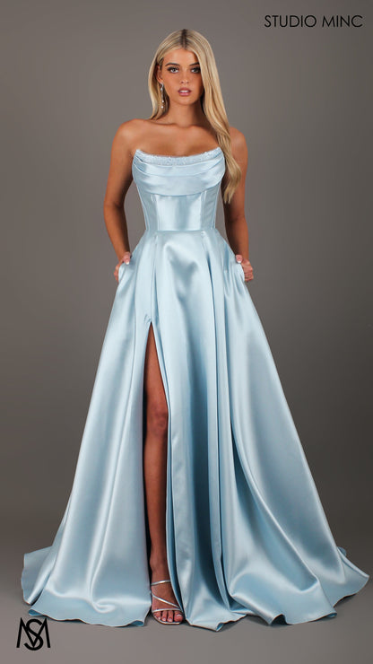 Honey - Light Blue formal Dress | Strapless corset pearl detail Mikado satin ball gown