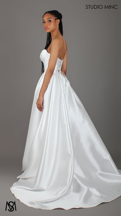 Capri - Wedding Dress | White satin strapless corset lace up gown pockets leg slit