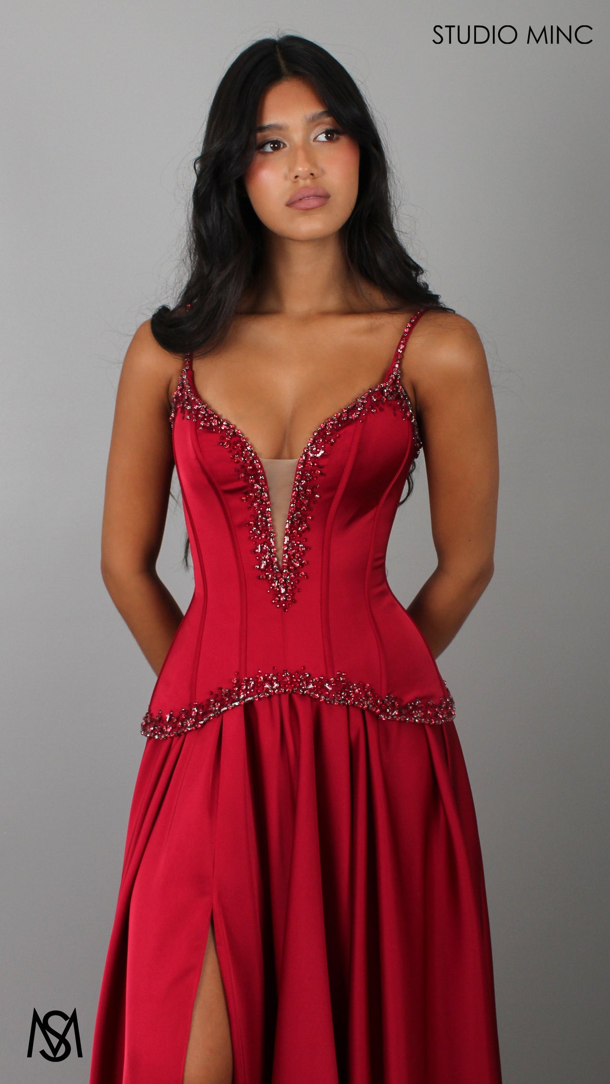 Idyllic - Cherry Deep Red Formal Dress two piece Set, drop-waist Corset, A-line Satin skirt