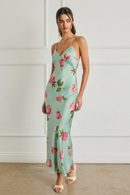 Annie Sleeveless Open Cowl Back Floral Print Maxi Dress Mint
