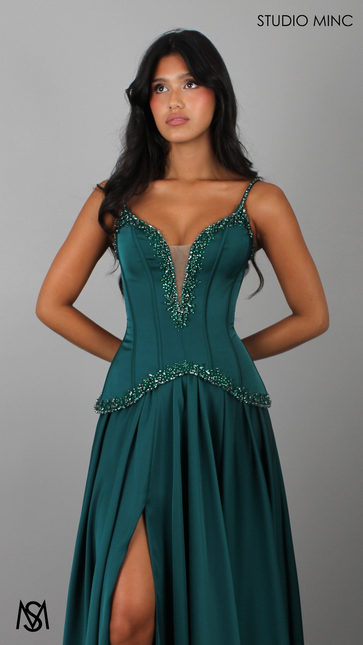 Idyllic - Emerald Green Formal Dress two piece Set, drop-waist Corset, A-line Satin skirt
