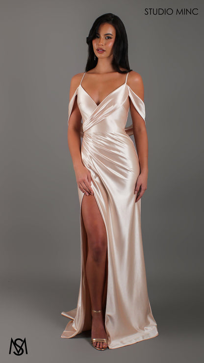 Opulence - Champagne Gold Formal Dress, Satin V Neckline, arm drapes and leg slit