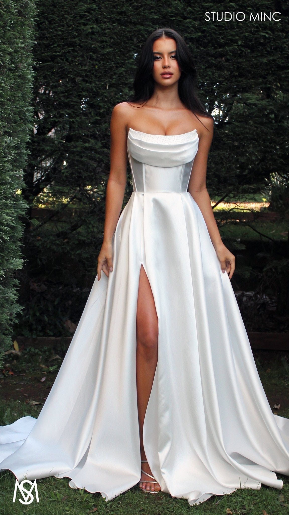 Honey -  Wedding Dress | Strapless corset pearl detail Mikado satin gown
