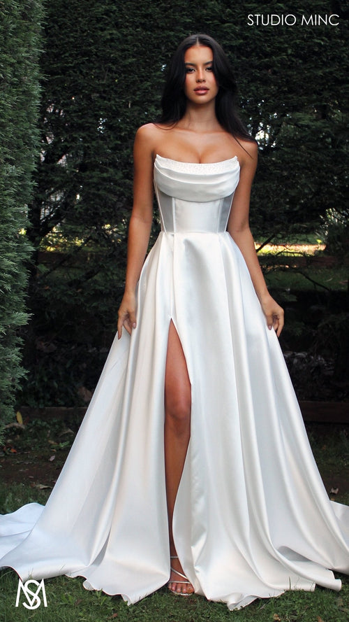 Honey -  Wedding Dress | Strapless corset pearl detail Mikado satin gown