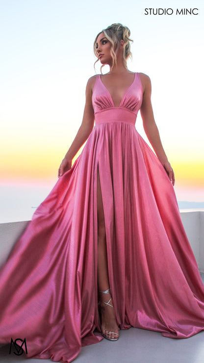 Lustre - Pink Formal Dress, Metallic V Plunge Neckline with leg Split
