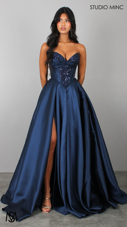 Royal - Navy Blue Formal Dress, Strapless Corset Beaded bodice, Satin Mikado Ball Gown