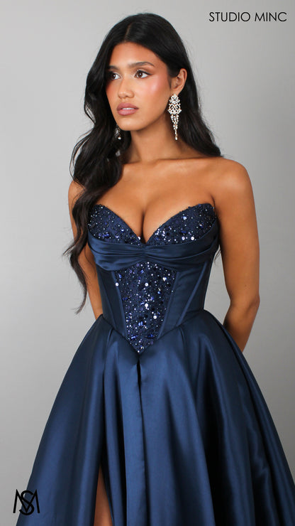 Royal - Navy Blue Formal Dress, Strapless Corset Beaded bodice, Satin Mikado Ball Gown