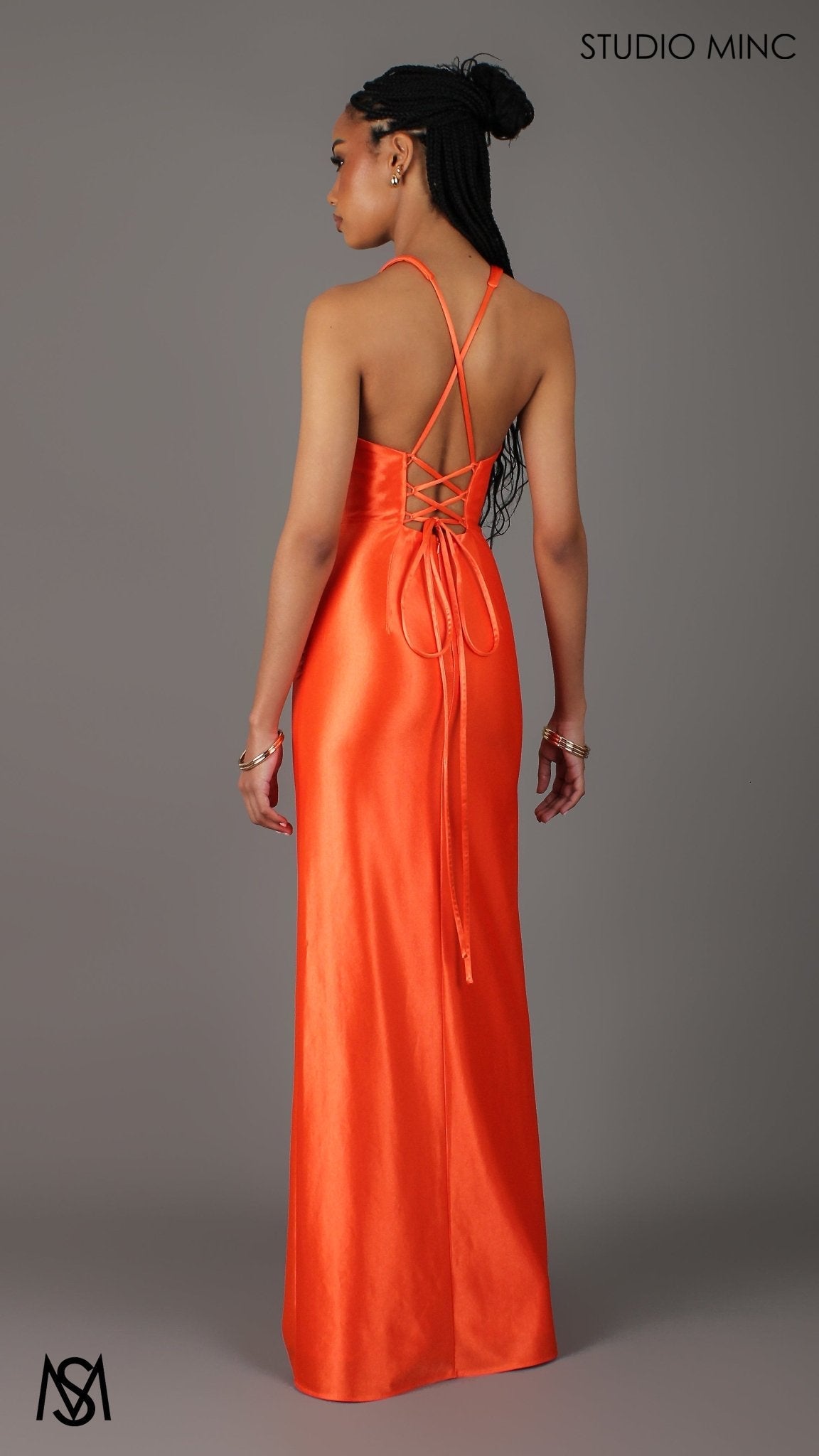 Sicily - Orange Formal Dress, Satin V Plunge neckline Cowl fitted backless leg slit