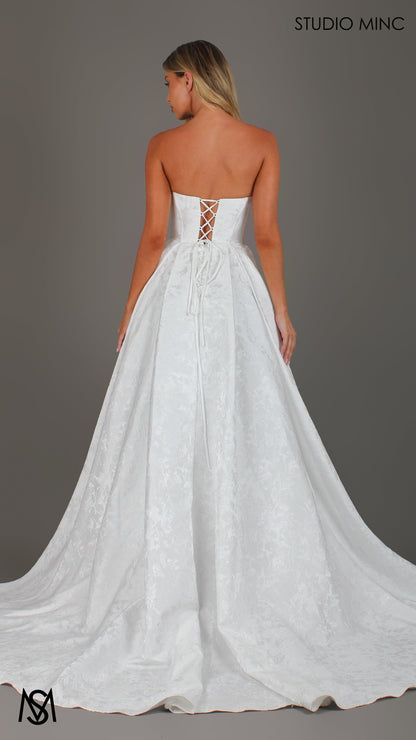 POSIE BRIDE - Wedding Dress, Strapless Basque waist Corset, Bra Cups, Satin embossed floral Gown