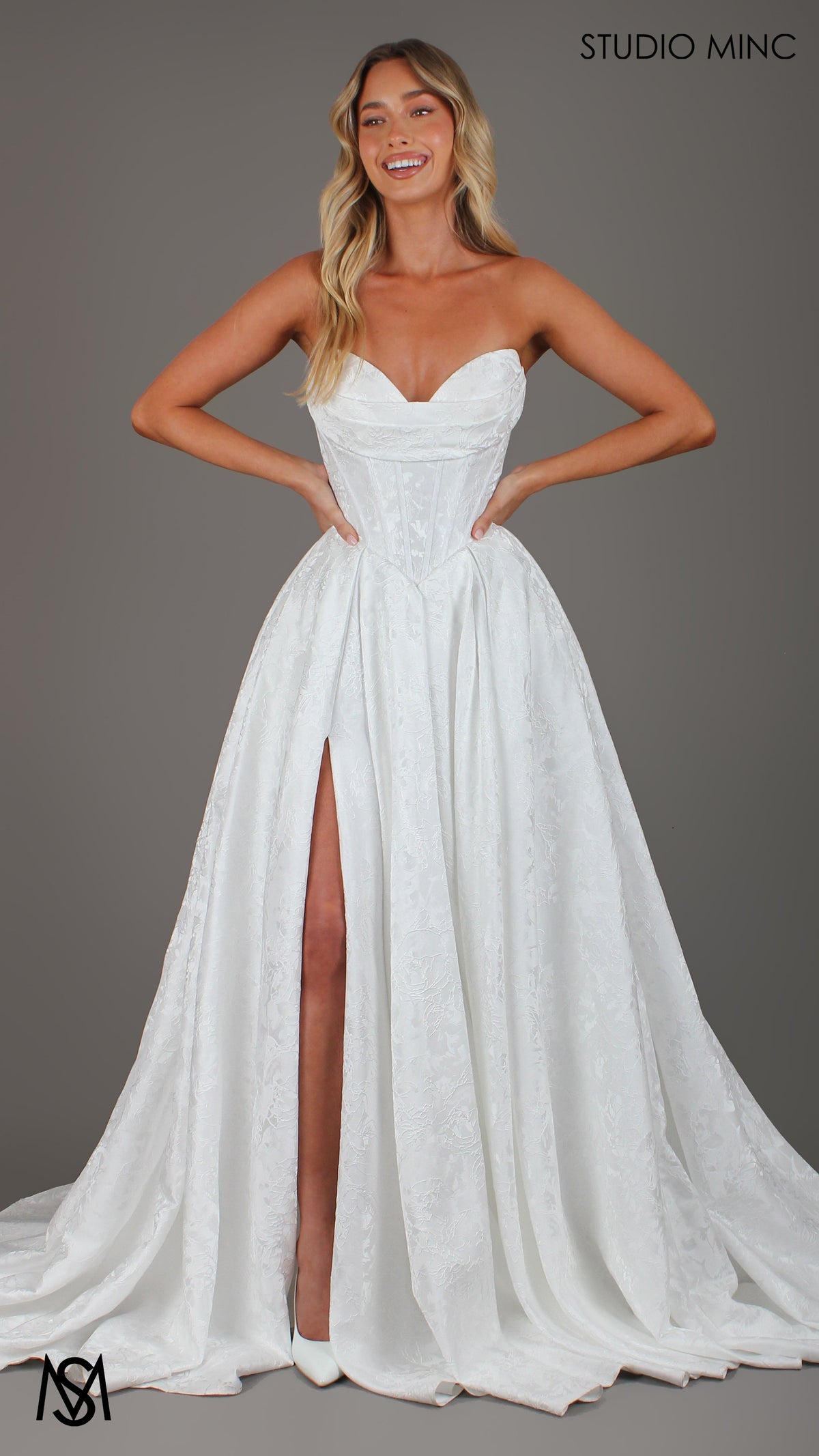POSIE BRIDE - Wedding Dress, Strapless Basque waist Corset, Bra Cups, Satin embossed floral Gown