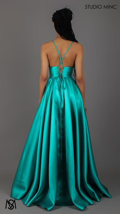 Riviera - Teal Green formal dress | V Plunge neckline, backless Satin Gown with Pockets and leg slit
