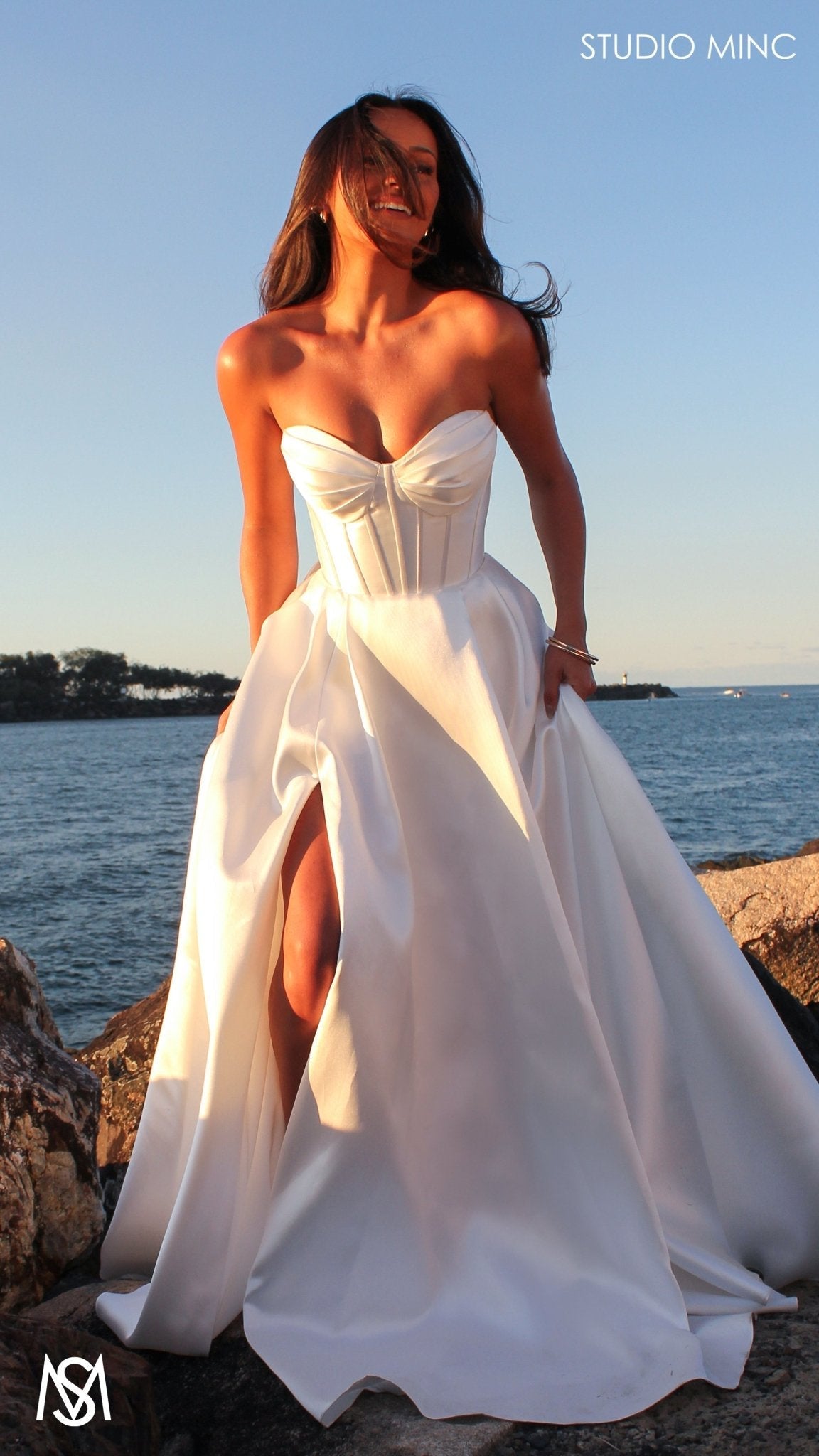 Capri - Wedding Dress | White satin strapless corset lace up gown pockets leg slit
