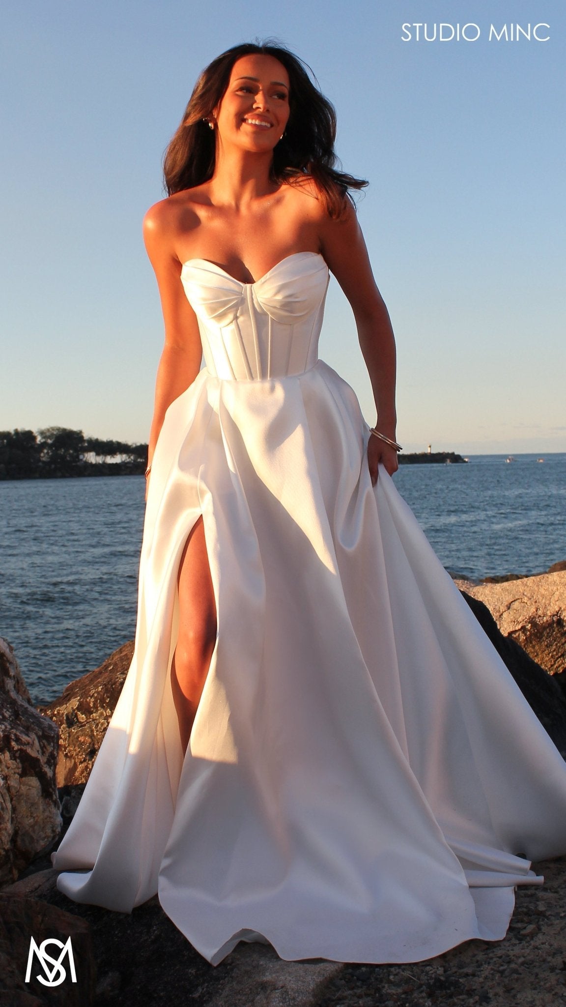 Capri - Wedding Dress | White satin strapless corset lace up gown pockets leg slit