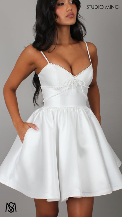 Petite - Bridal Mini | White Satin V neck, Corset, Pearl trim, Party Dress