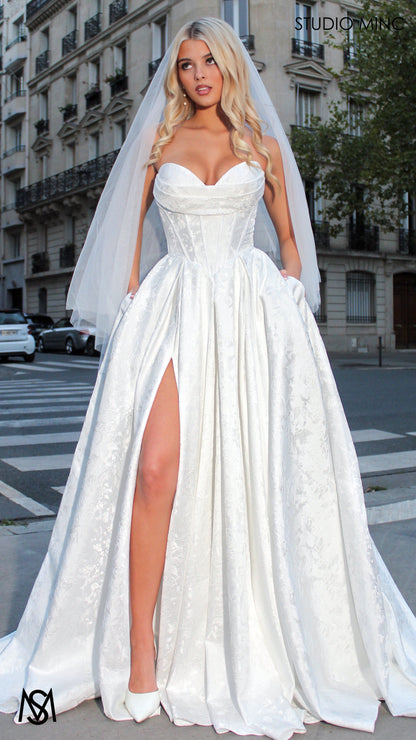 POSIE BRIDE - Wedding Dress, Strapless Basque waist Corset, Bra Cups, Satin embossed floral Gown